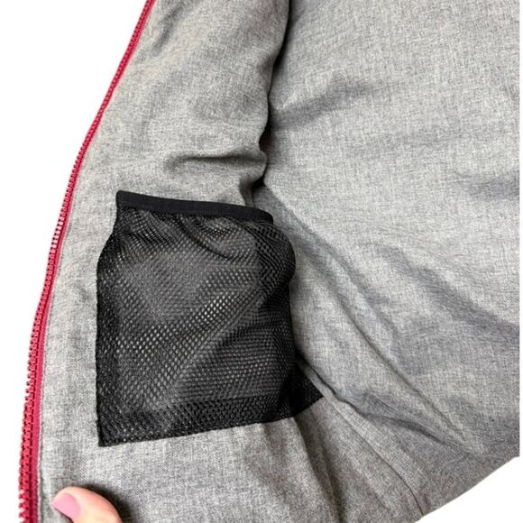 YO COLORADO Hooded Puffer Jacket Colorblock Retro Stripe Maroon Beige S/M - Picture 11 of 11